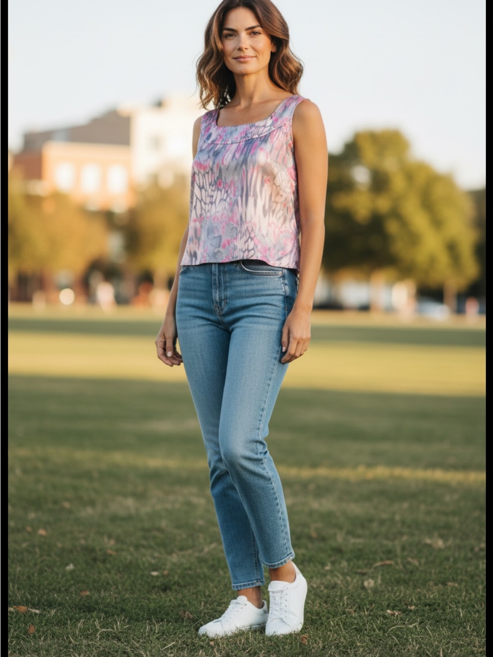 St. John Printed Tank Top in grey, Pink, and Cream